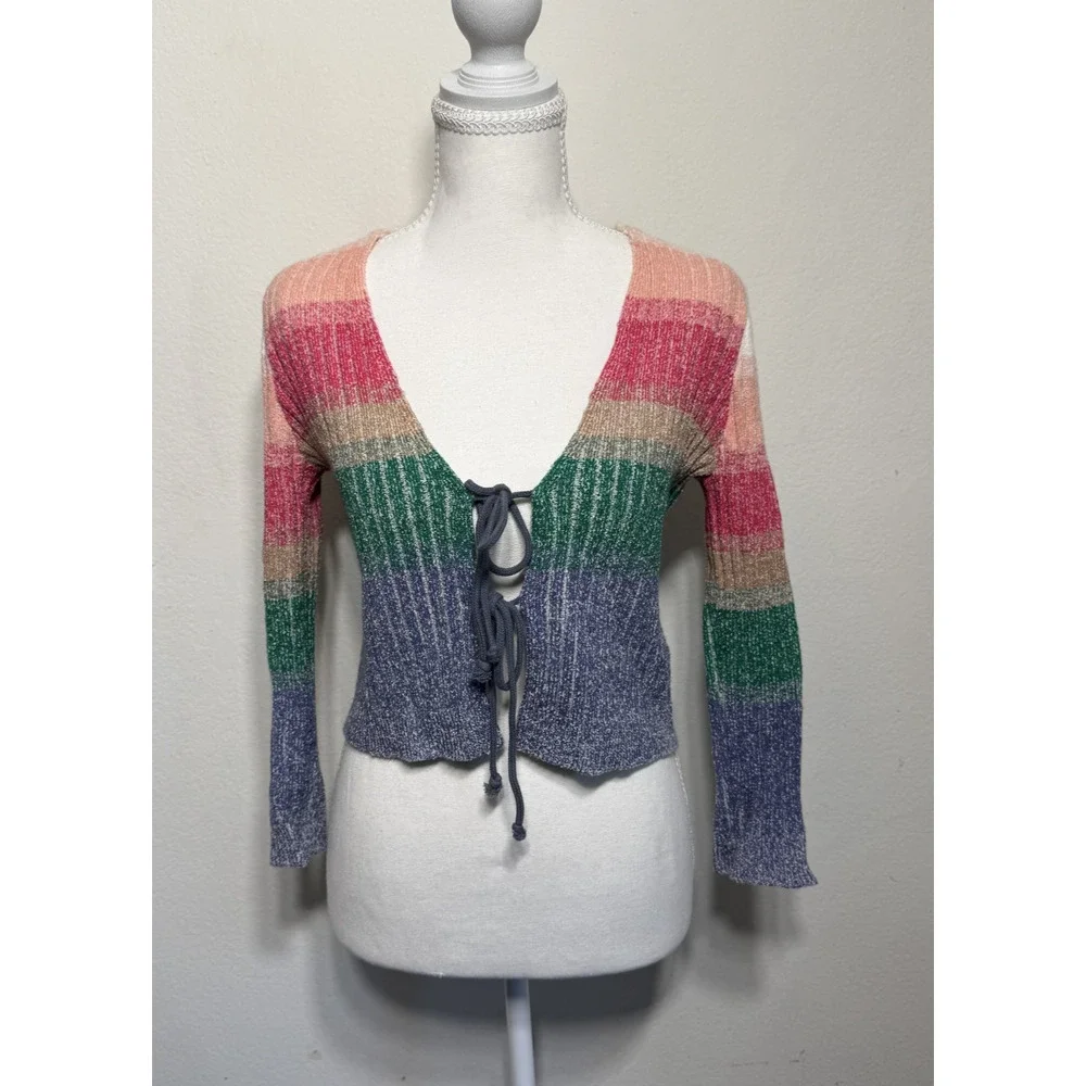 Free People Trouble Maker Cardi Rainbow Sweater Fairy Cardigan Front Tie‎ XS